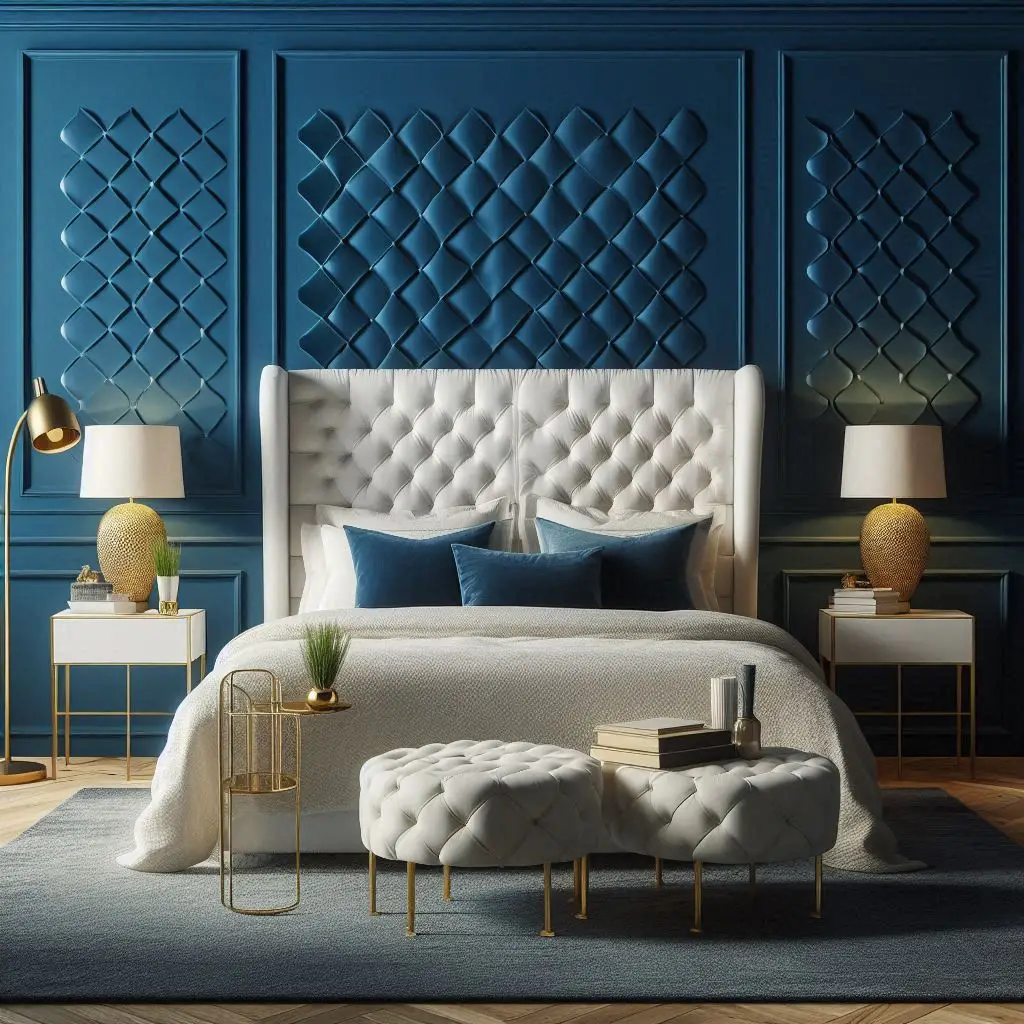 Royal blue bedroom wall behind white furniture