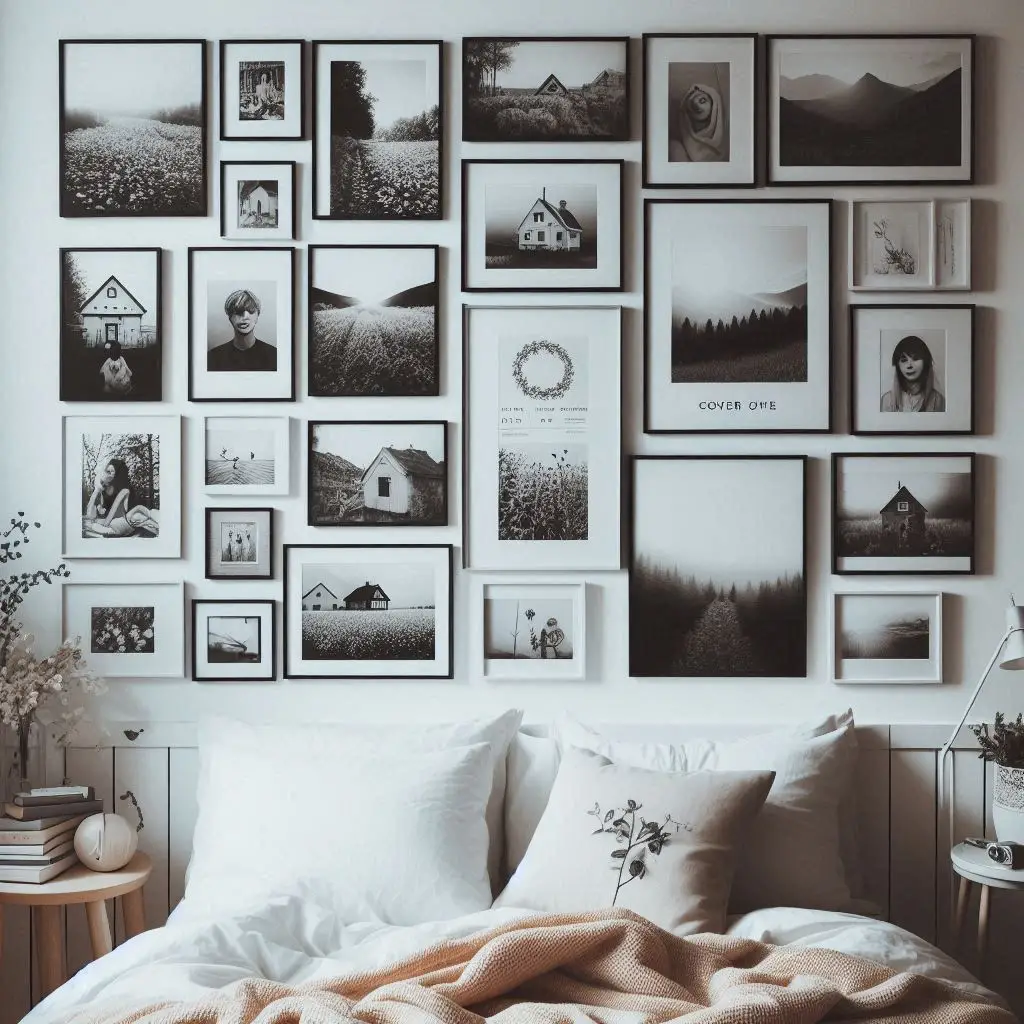 A grid of black and white framed photos on a bedroom wall.