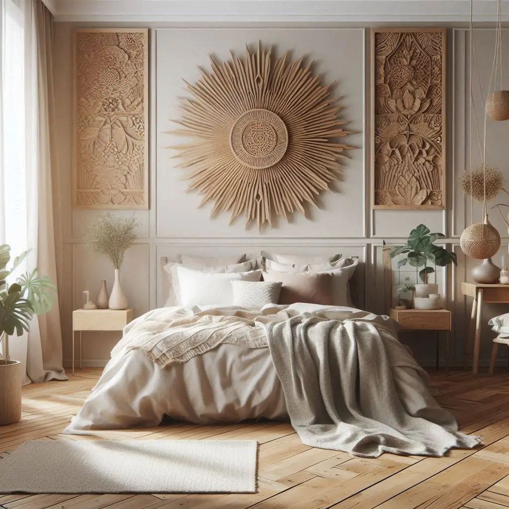 Boho bedroom with carved wooden wall art above bed"