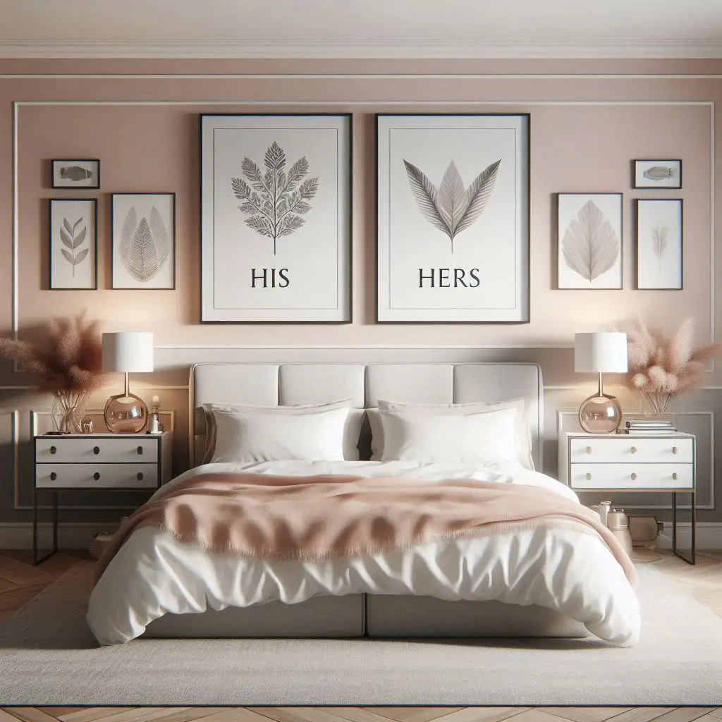 His” and “Hers” framed wall decor above couple’s bed