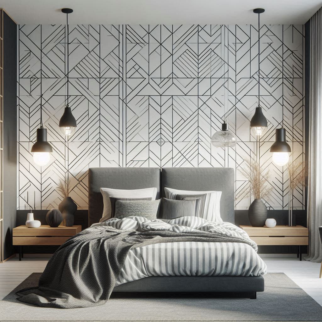 Monochrome bedroom with geometric black and white wallpaper