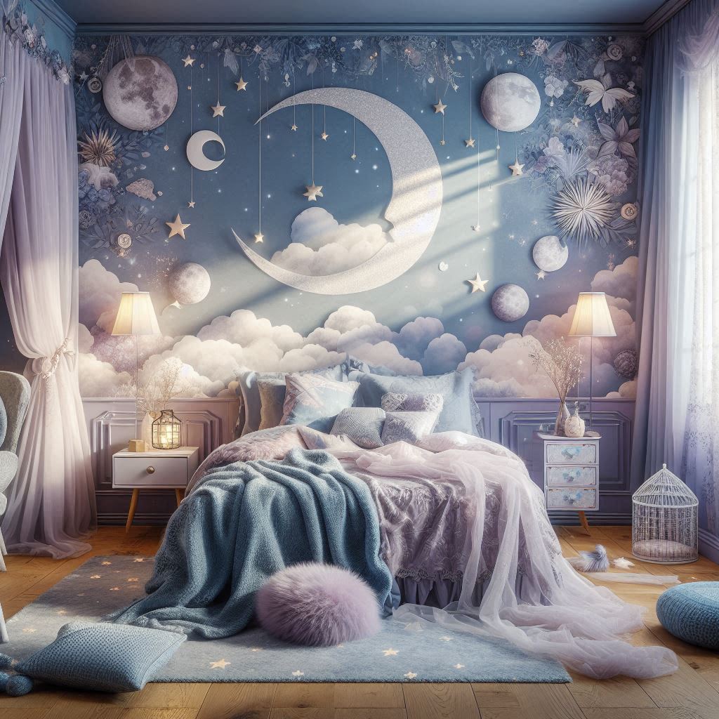 Dreamy cloud wallpaper in soft-toned cozy bedroom