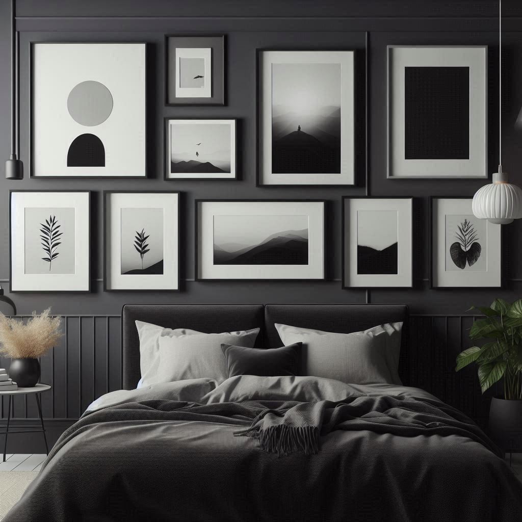 Gallery-style wall with black and white art