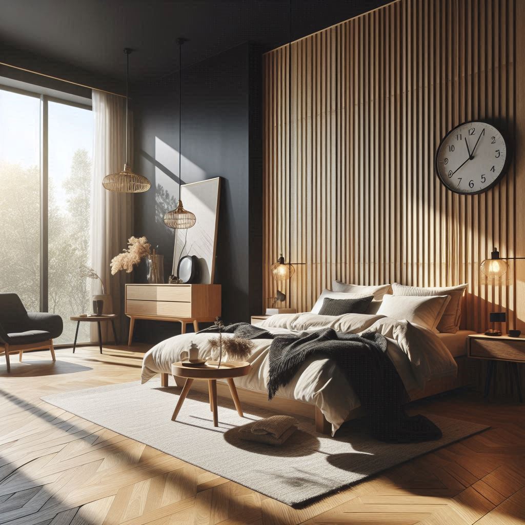 Warm wooden furniture on a black wall backdrop