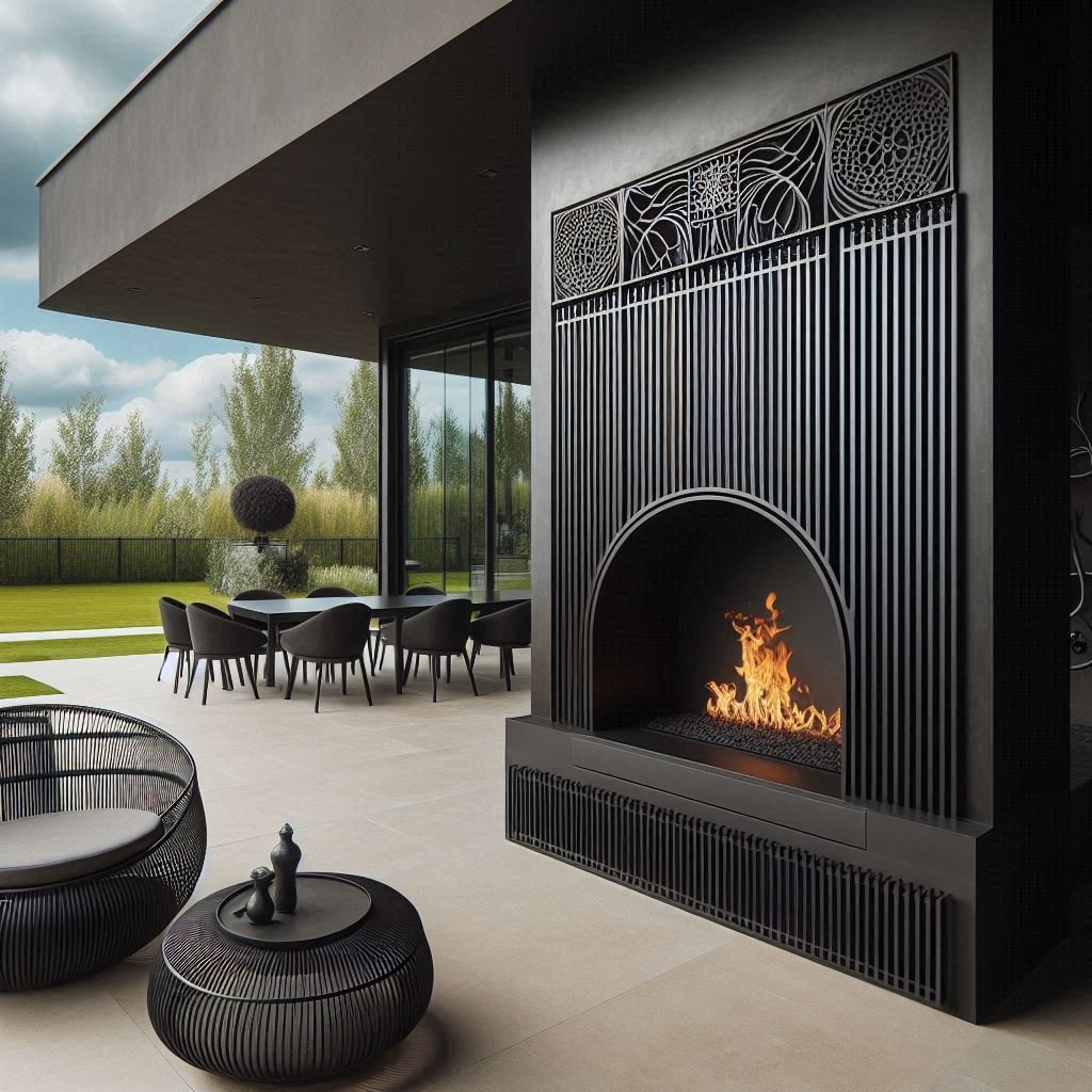 Black Steel Fireplace for a Dramatic Look patio