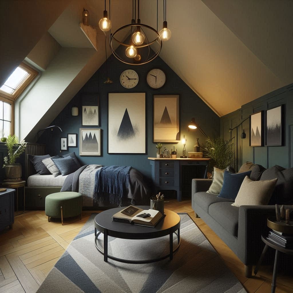 Navy and green walls in boy room