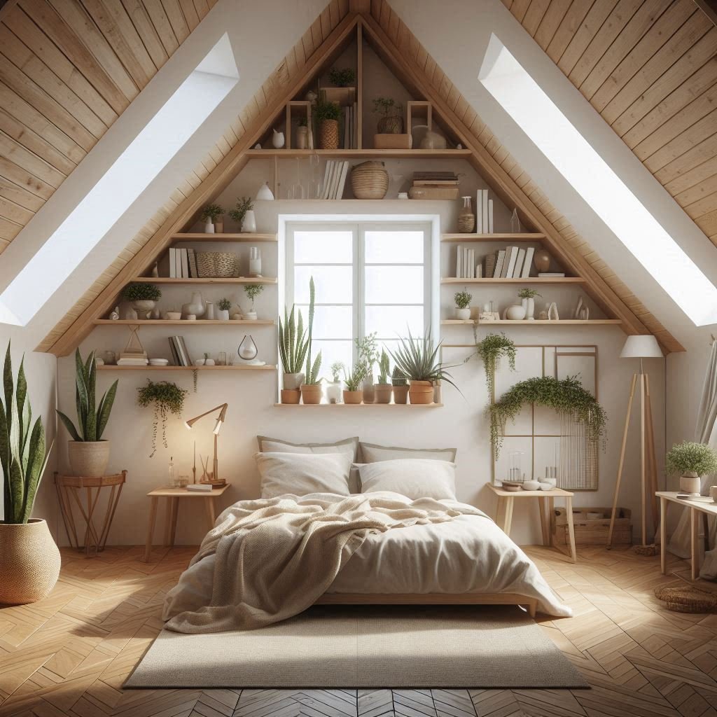 Open shelving in stylish attic room