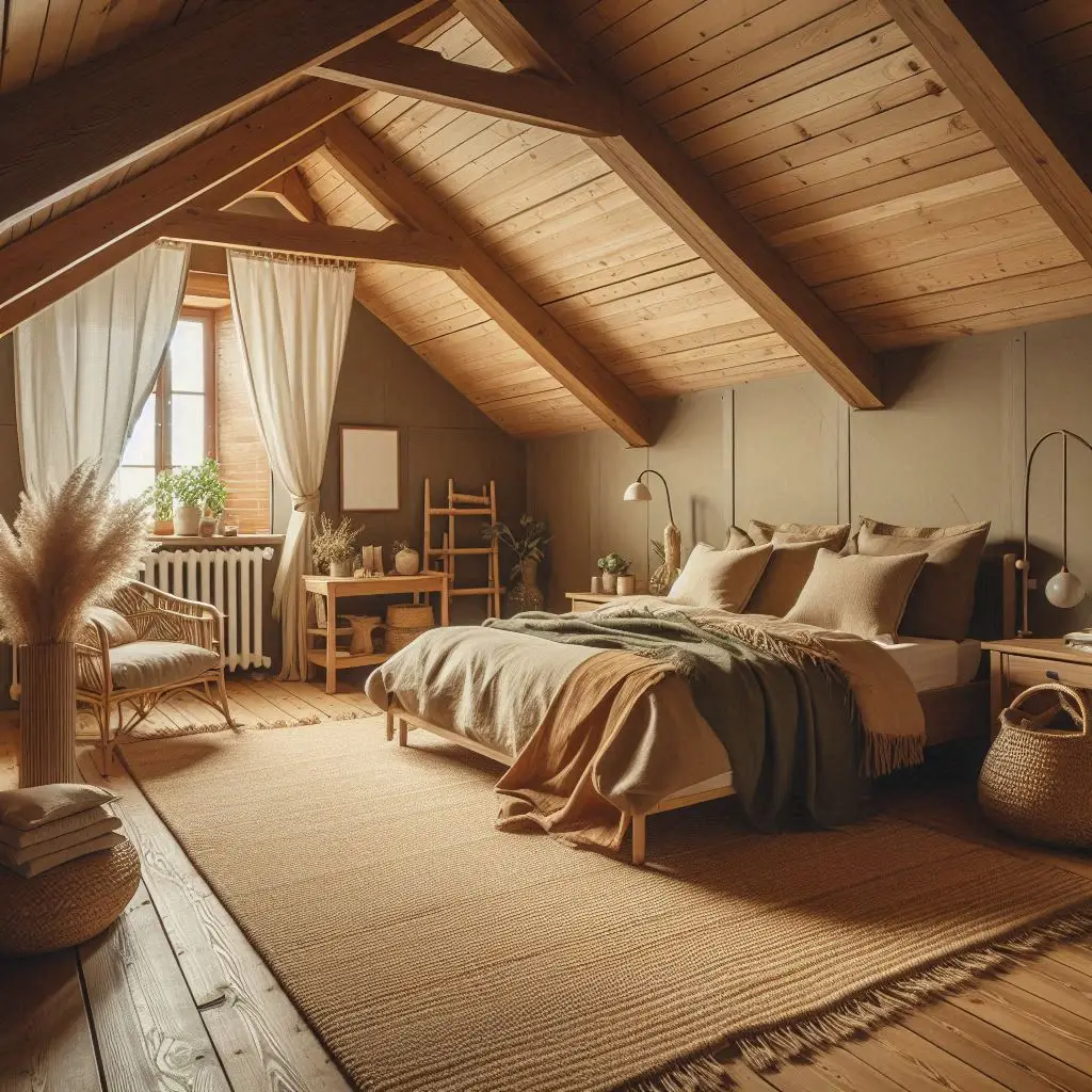 Warm attic bedroom in earthy tones like taupe, olive, clay, and soft tan. Jute rugs, bamboo furniture, and soft white curtains. Wooden beams visible on the ceiling and a calming, grounded feel throughout.
