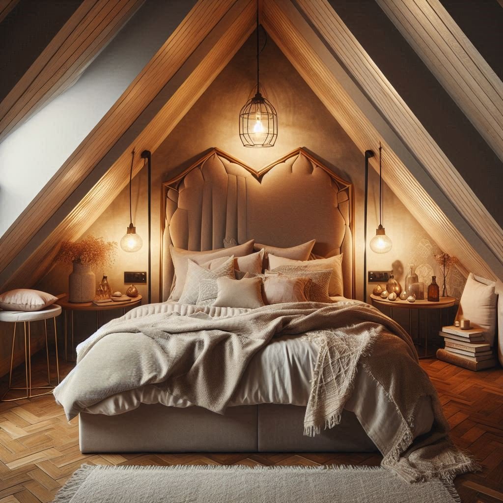 Bed alcove design with pendant lights and headboard