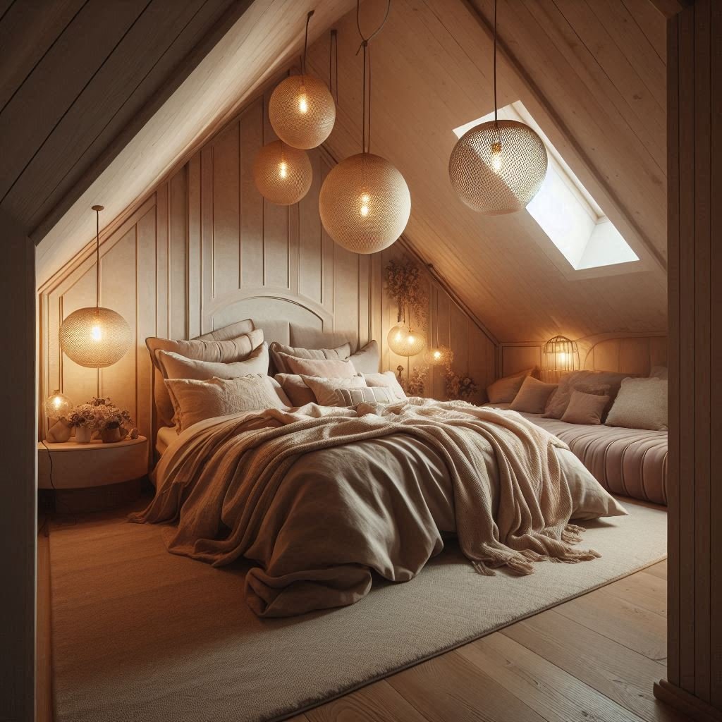 Sloped ceiling bed nook with soft linens and lighting