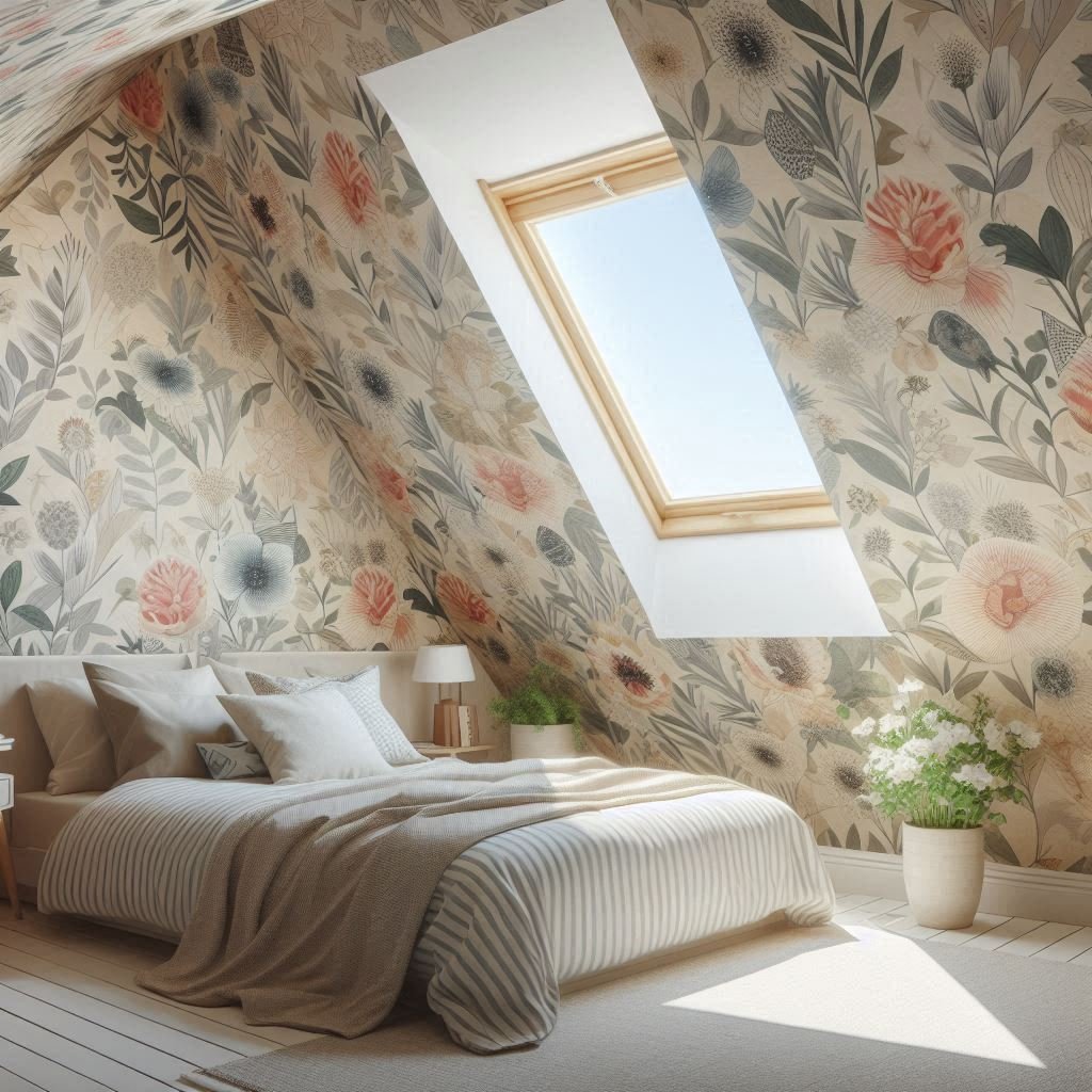 Whimsical Wallpaper Accent Wall in Cozy Attic