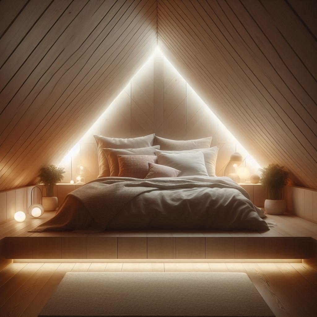 Attic bedroom with low bed placed under sloped ceiling.