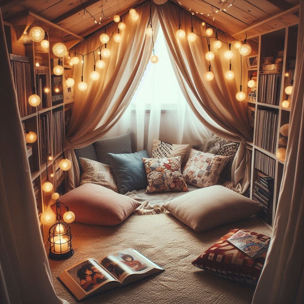 Hidden attic reading nook with cushions, curtain, and soft lighting for a magical escape.