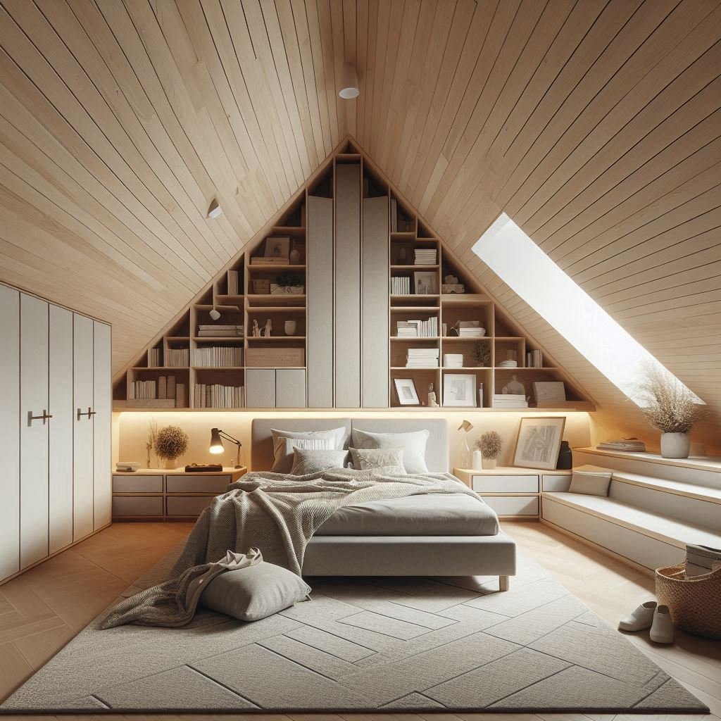 Attic bedroom with elegant built-in drawers under sloped ceilings and sleek wardrobe walls with a cozy headboard.