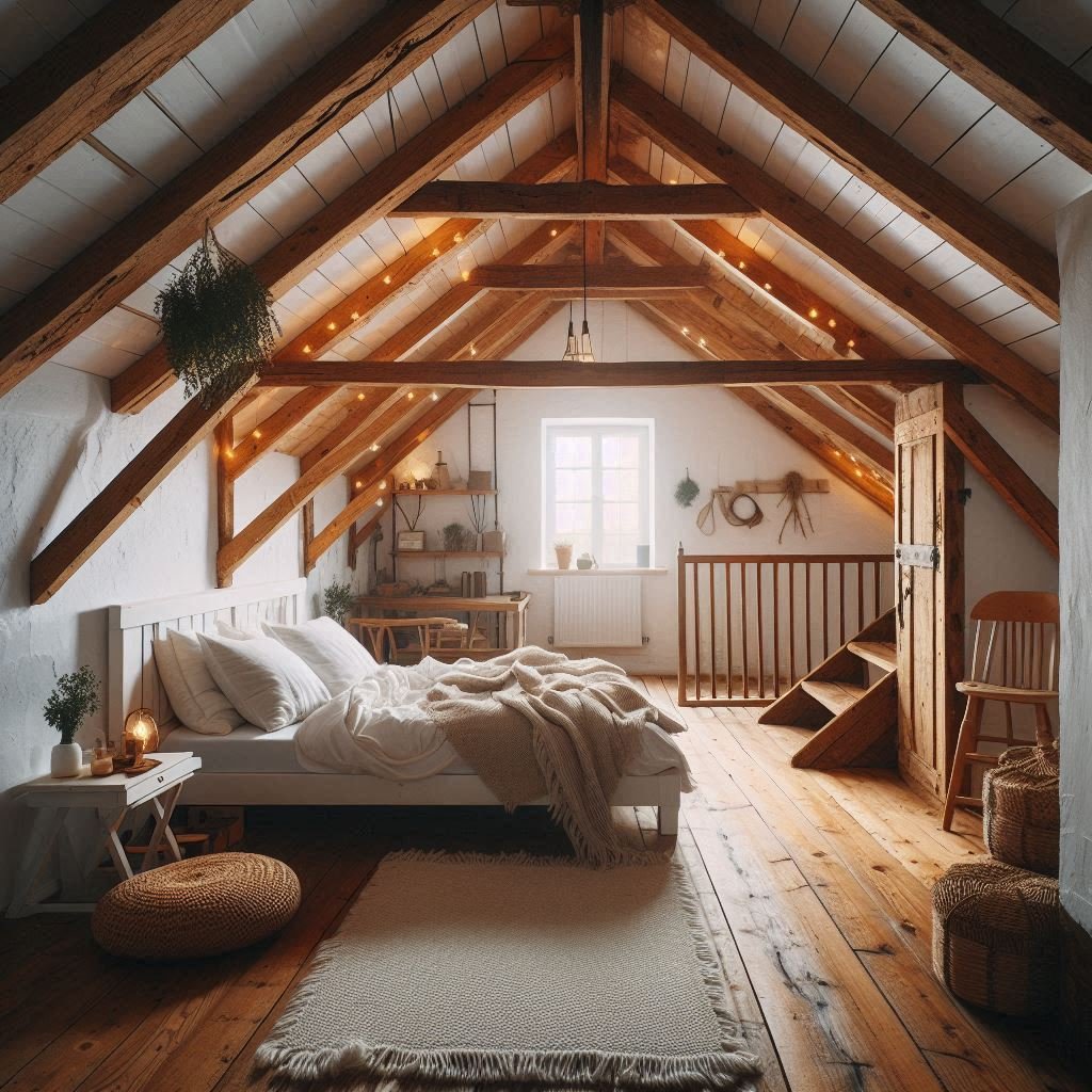 Exposed Wooden Beams in Cozy Attic Loft
