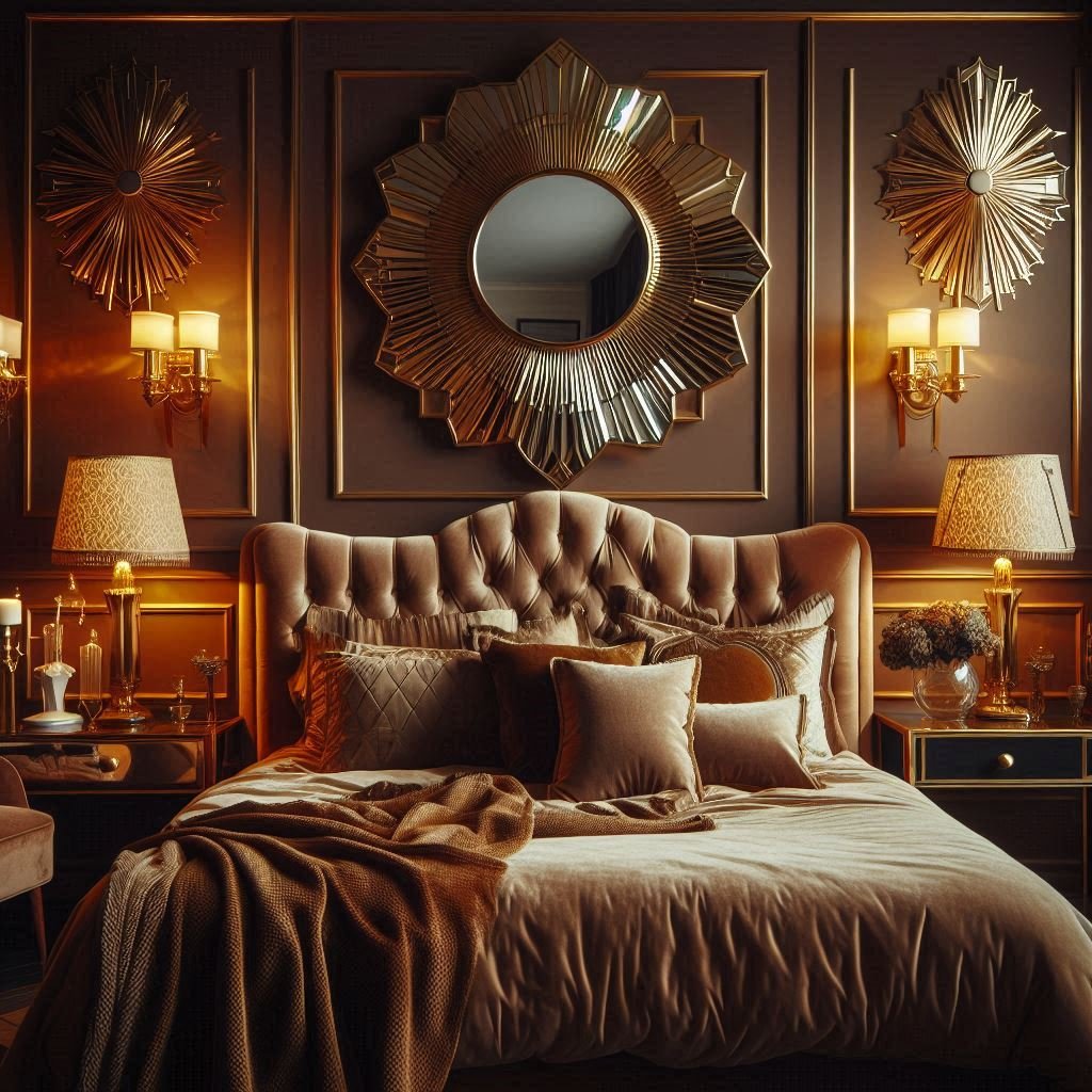 Art Deco wall sconces in vintage glamorous bedroom