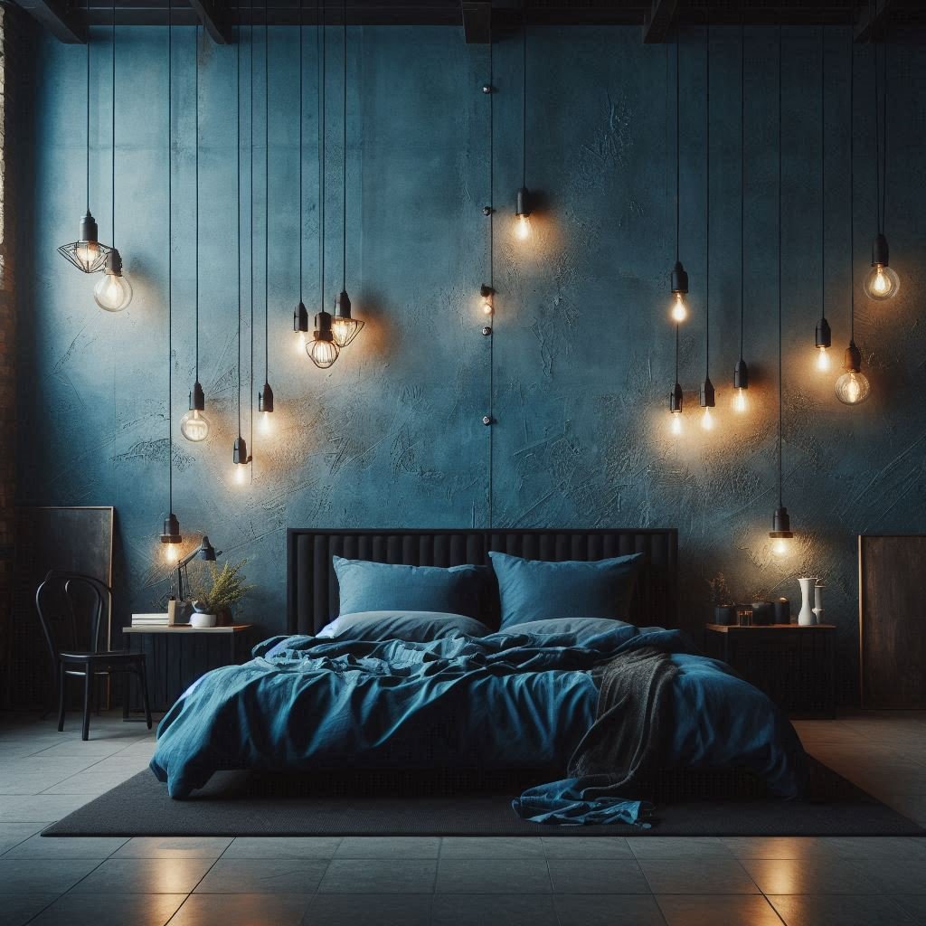 Textured denim blue bedroom wall in moody setting
