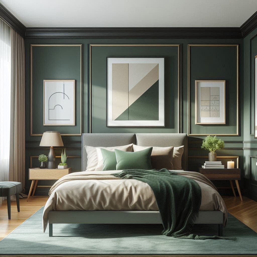 Two-tone green bedroom wall with stylish contrast design.
