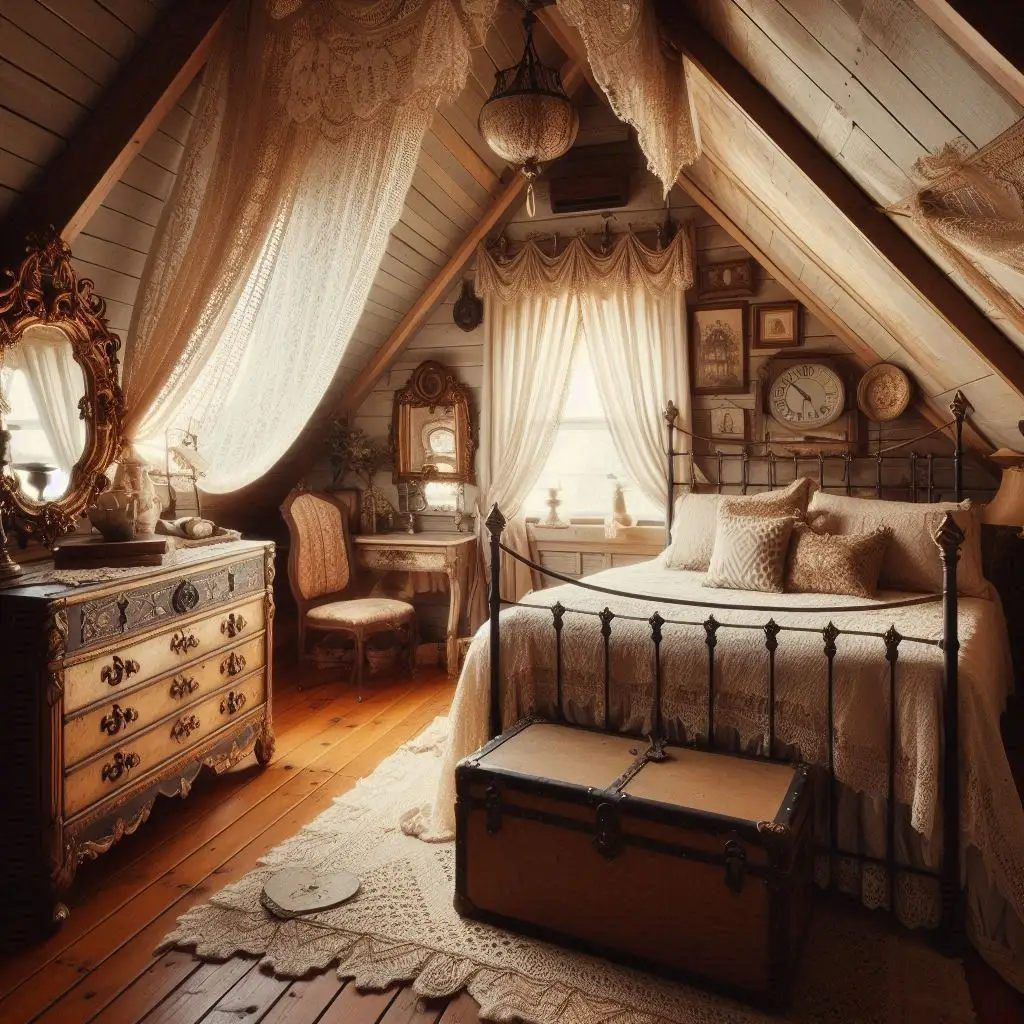 "Cozy attic sanctuary featuring old trunk and distressed furniture"