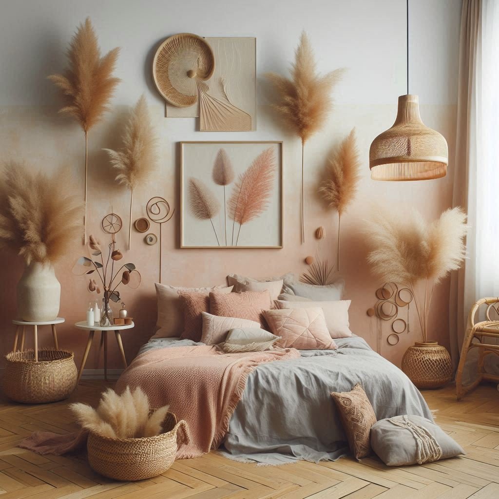 Alt Text: "Dried floral wall decor in a romantic boho bedroom"