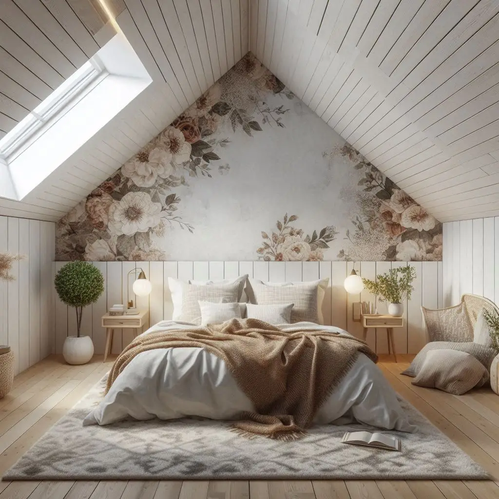 "Creative wall textures in a cozy attic bedroom design"