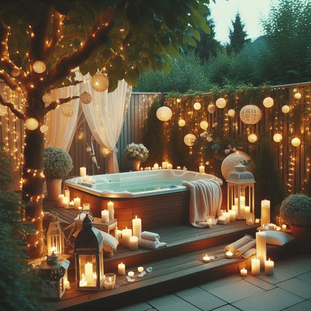 Romantic Patio with Fairy Lights and Candles