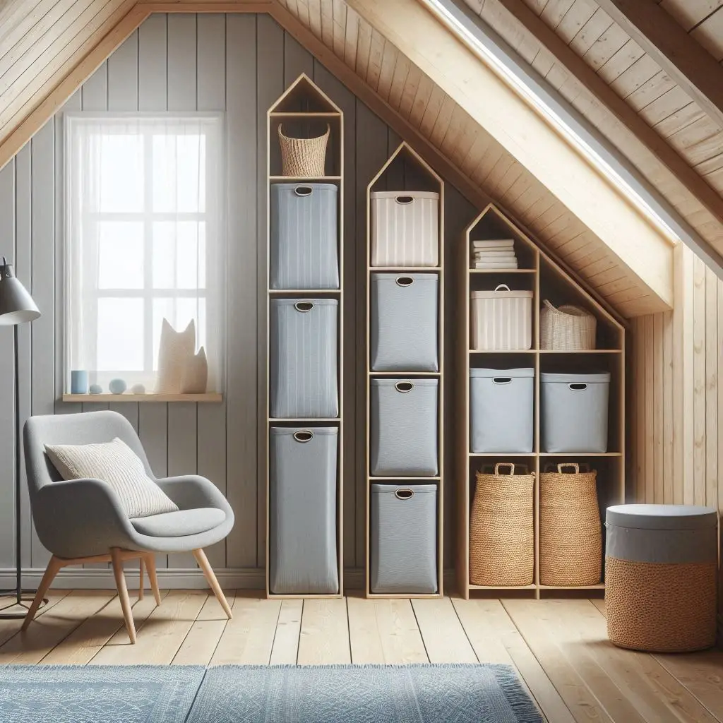 Vertical hampers and bins in attic bedroom for space-efficient storage.
