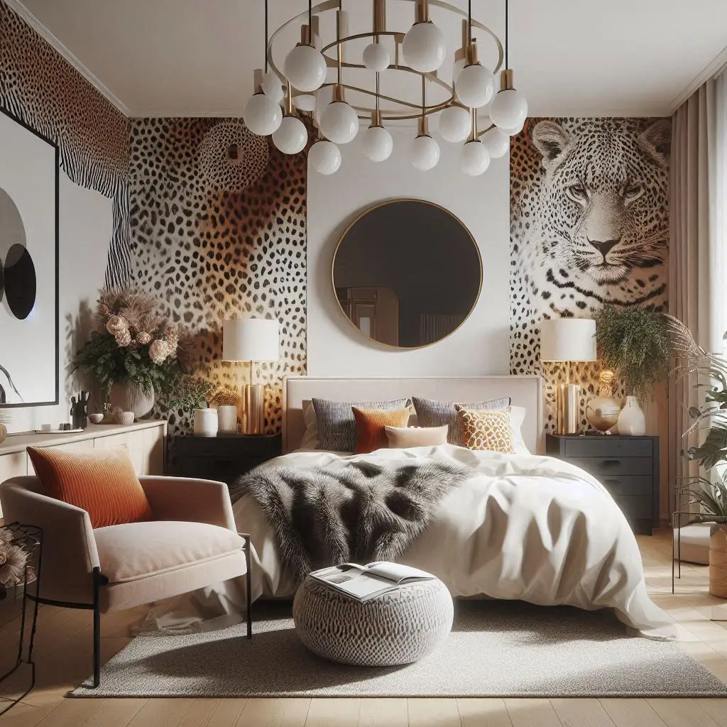 Trendy bedroom with bold animal print wallpaper