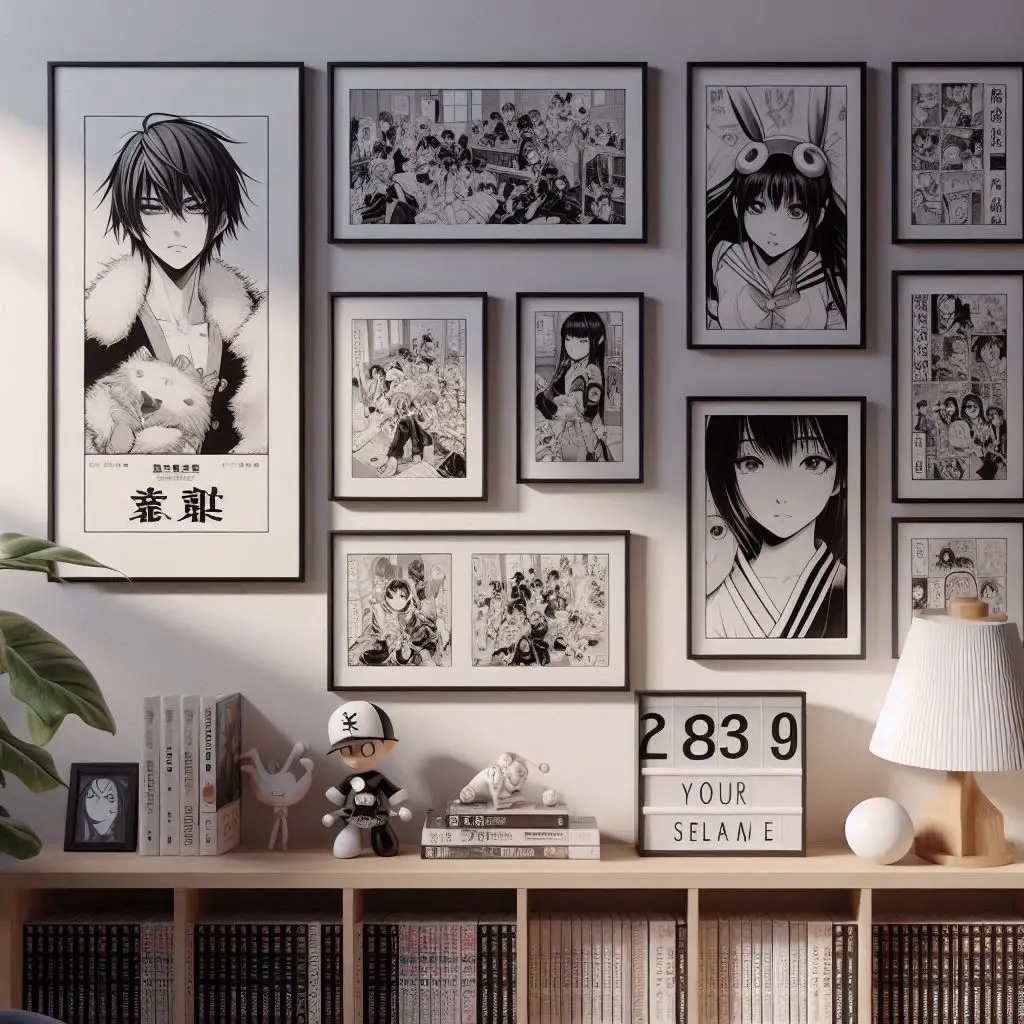 Manga panel wall art in a clean, modern anime bedroom