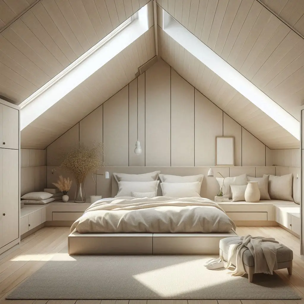 "Modern neutral attic bedroom with hidden storage and clean lines"