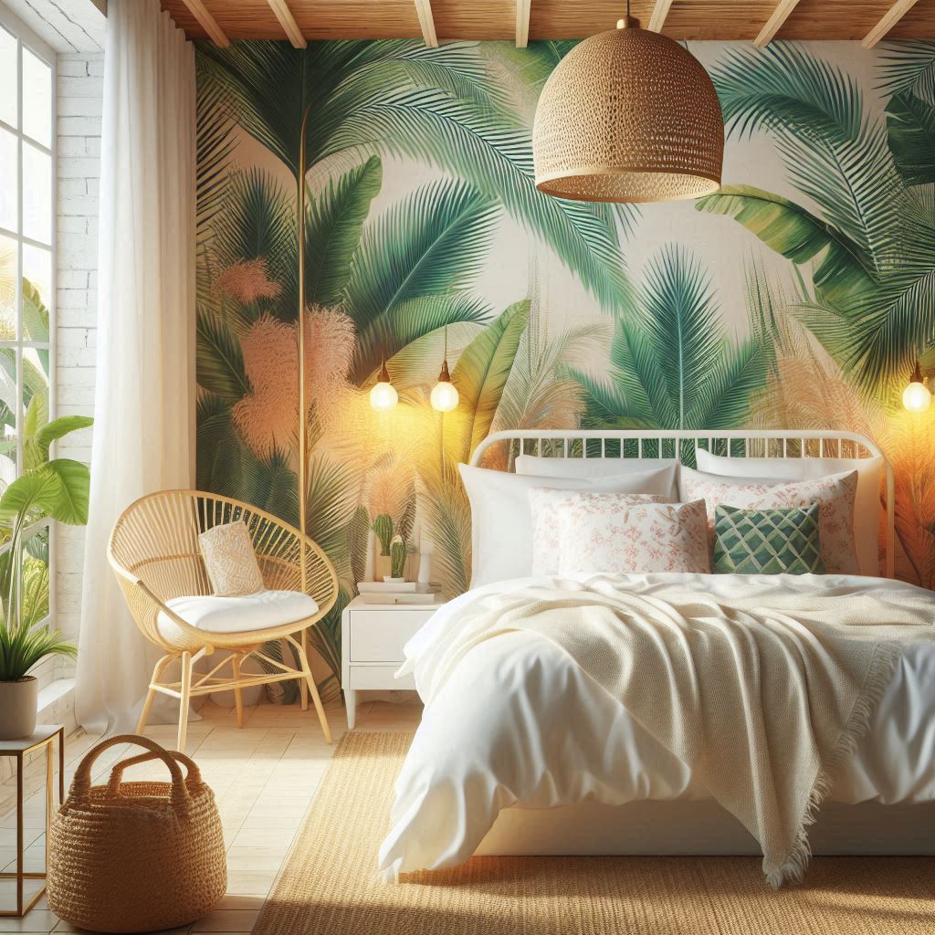 Tropical-themed bedroom with bold palm wallpaper