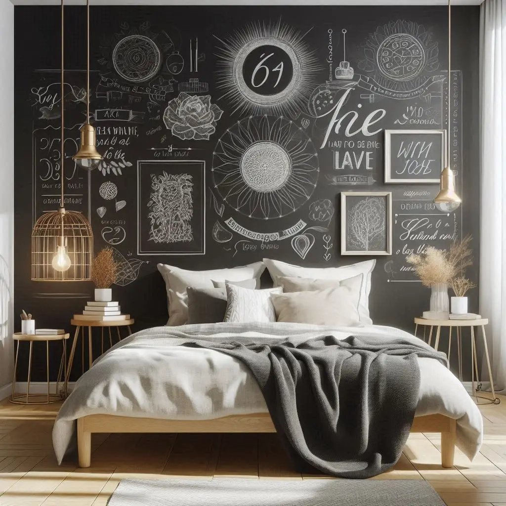 Chalkboard-style wall art in a monochrome bedroom setting.