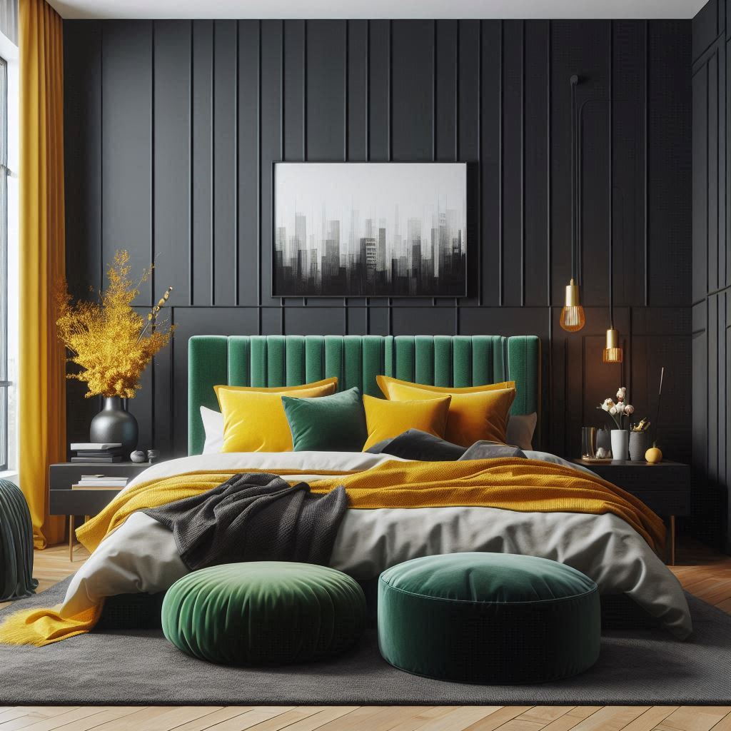 Bright pillows and throws in black room