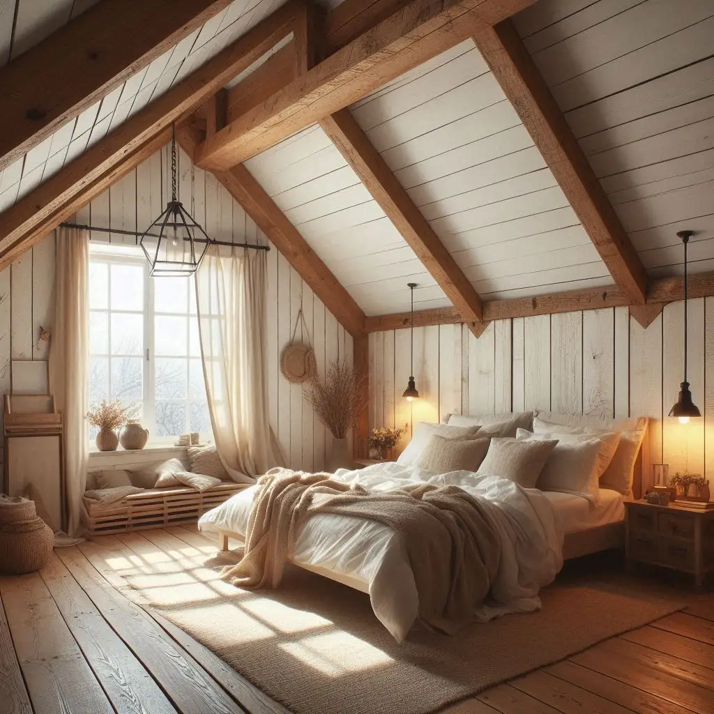 "Attic bedroom with exposed wooden beams and rustic farmhouse styling"