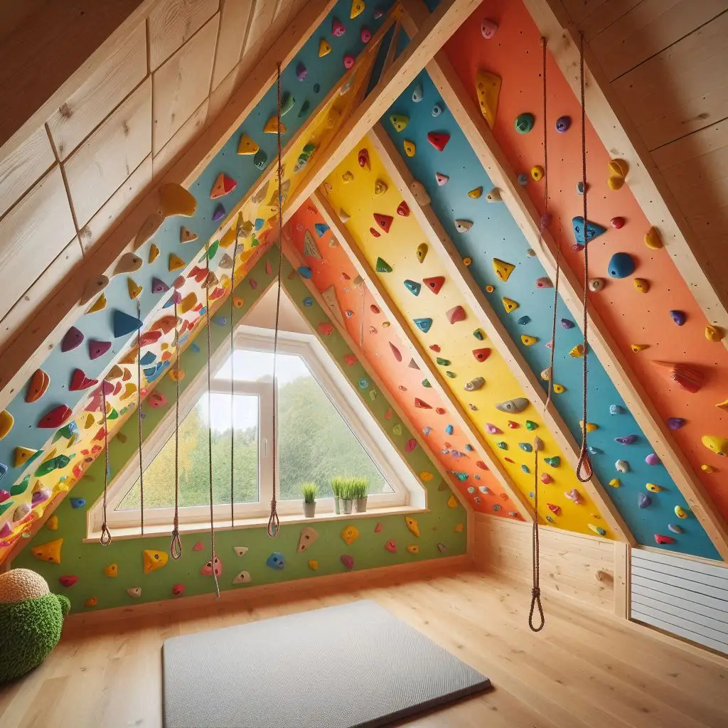 Kids climbing wall built on attic’s sloped ceiling with colorful grips, ropes, and padded floor