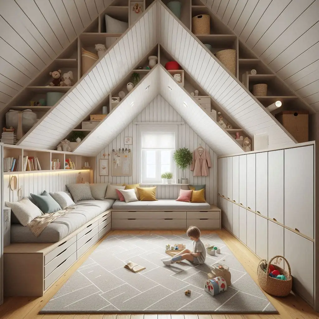 "Attic kids’ room with drawers under sloped ceilings, toy bins, and smart wardrobe cubbies in awkward spaces"