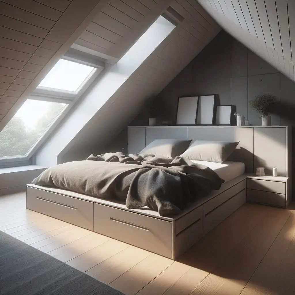 Low Bed With Side Storage Drawers in Small Attic Room
