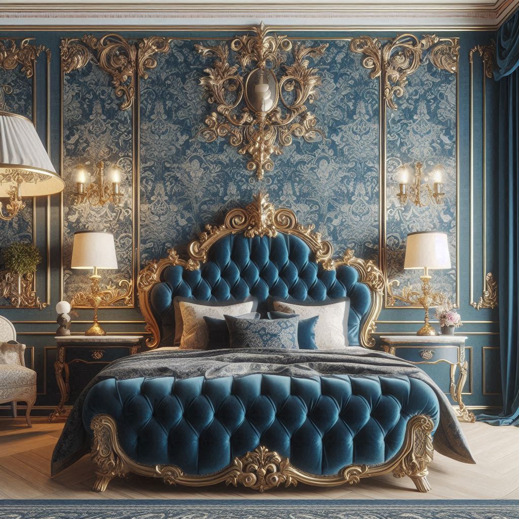 Luxurious bedroom with damask wallpaper and antique decor