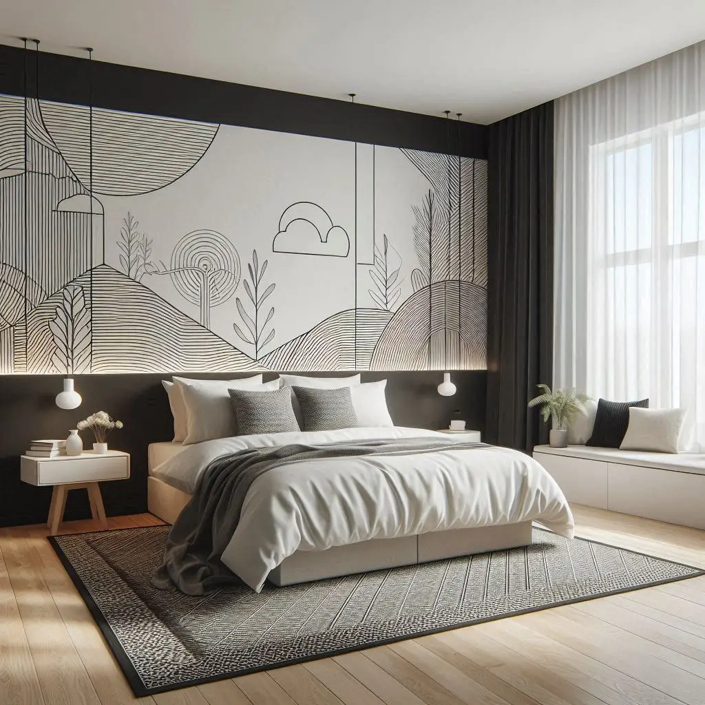 Simple black and white bedroom with line art wallpaper