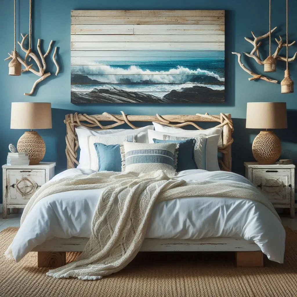 Alt Text: Ocean blue wall with coastal-style driftwood decor.