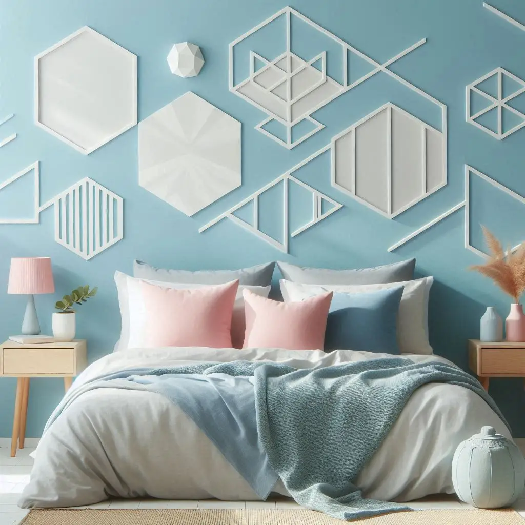 Light blue bedroom wall with modern geometric ar
