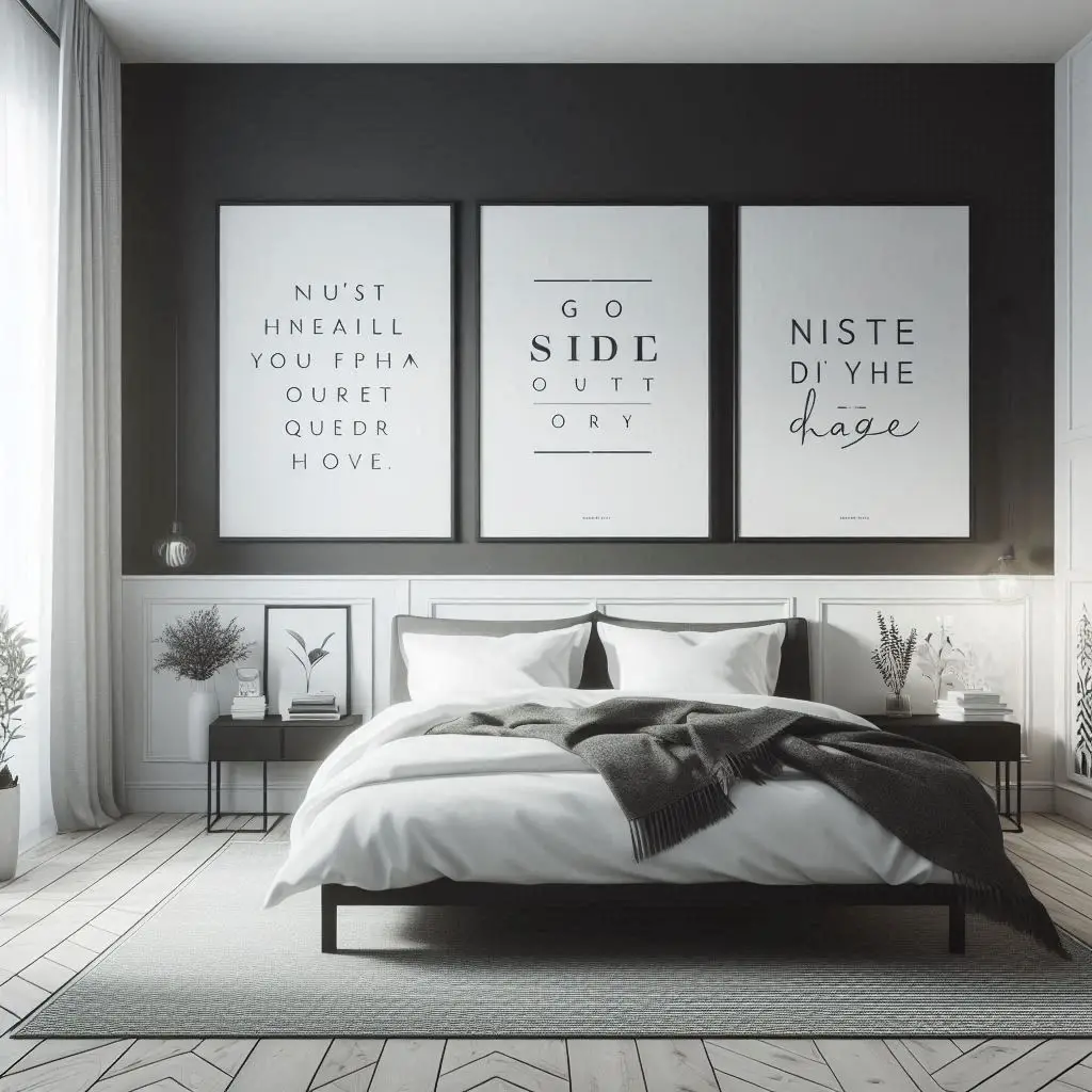 White quote on black canvas in a black and white bedroom.