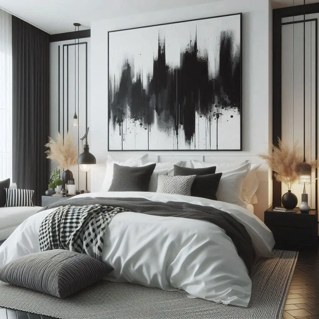 Abstract black brushstroke artwork in a white bedroom.
