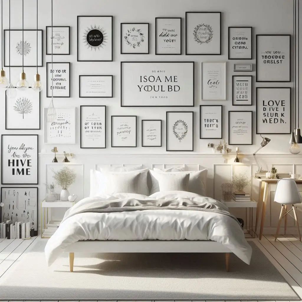 Framed monochrome quotes on a bedroom wall.