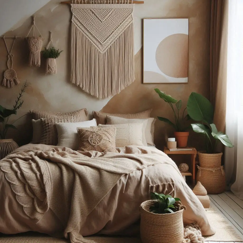 Boho bedroom with macramé wall hanging and earthy decor"