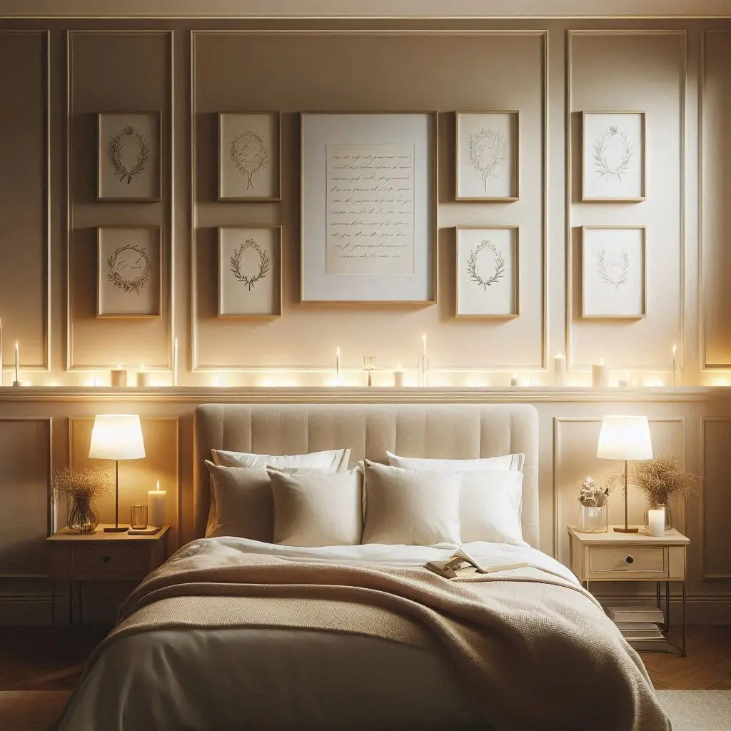 Framed love letters and wedding vows on bedroom wall