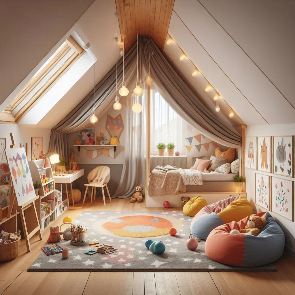 "Attic kids room with separate zones for sleeping, art, and play, divided by colorful rugs and curtains"