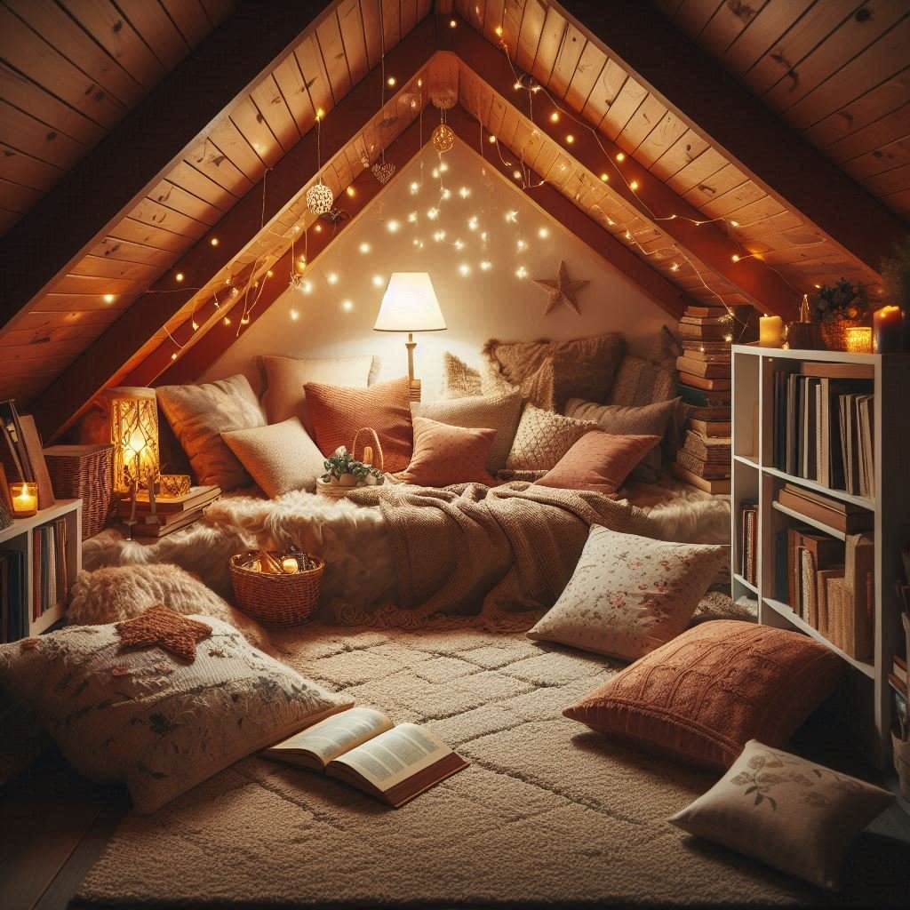 Reading nook under sloped attic ceiling with cushions and books.