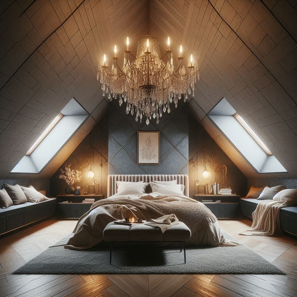 Bold Lighting in a Sloped Attic Bedroom