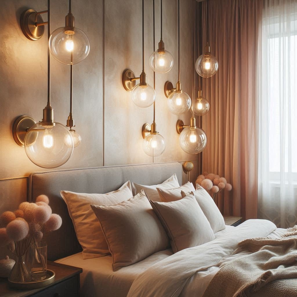 Globe glass wall sconces with warm light in bedroom